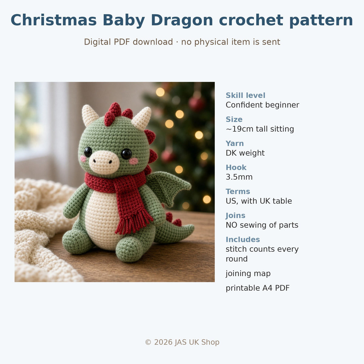 Christmas Baby Dragon with Scarf, crochet pattern, photo 4