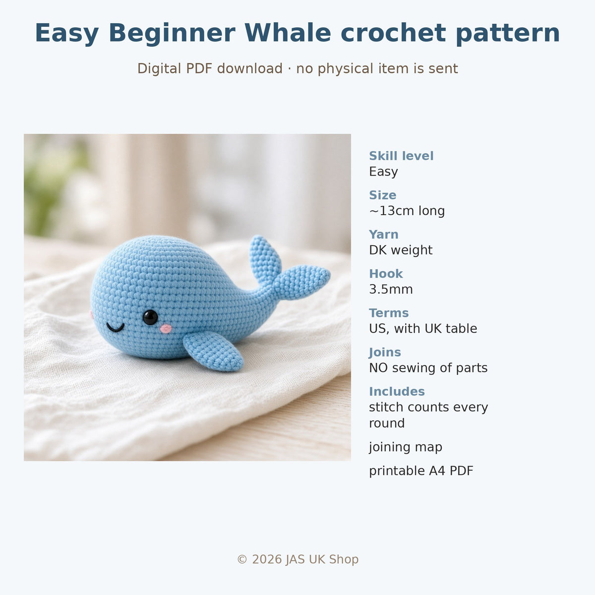 Easy Beginner Whale, crochet pattern, photo 4
