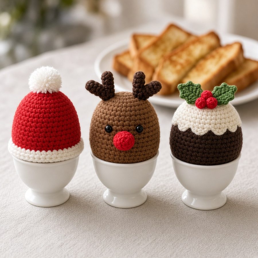 Crochet Christmas egg cosies: Santa, reindeer and Christmas pudding