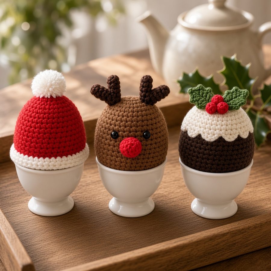 Crochet Christmas egg cosies: Santa, reindeer and Christmas pudding, photo 2