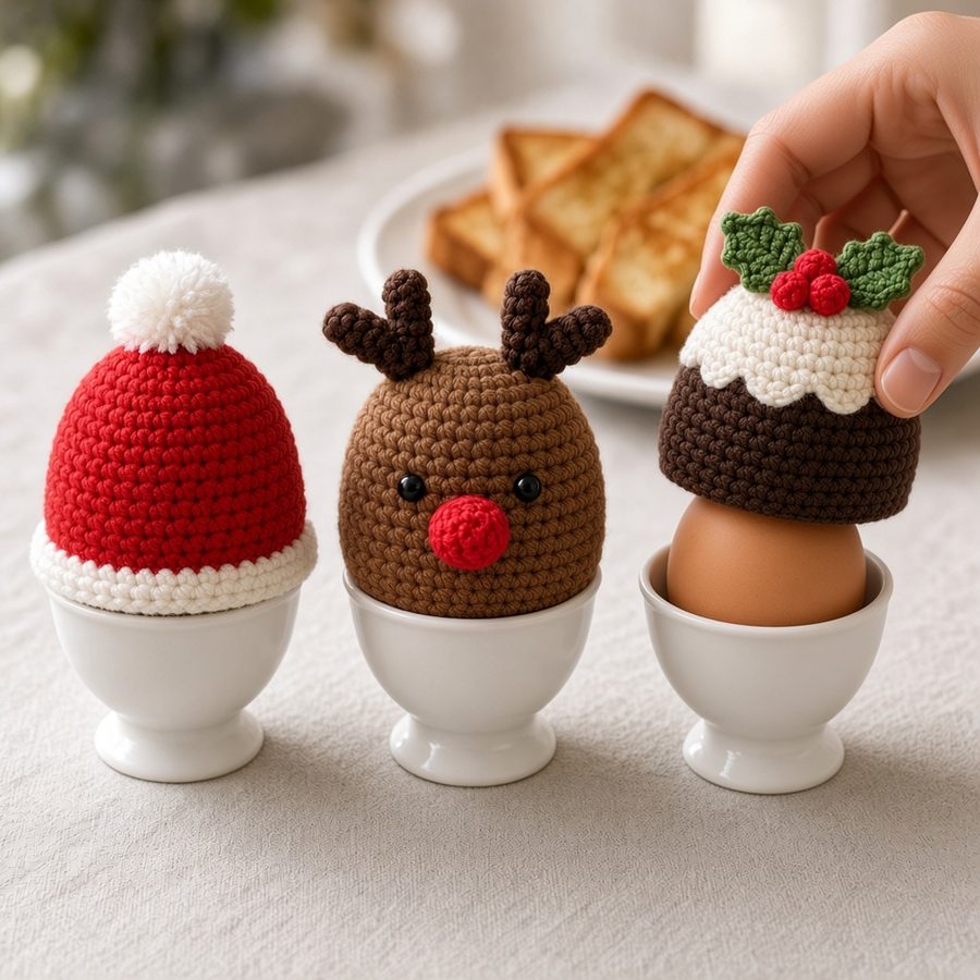 Crochet Christmas egg cosies: Santa, reindeer and Christmas pudding, photo 3