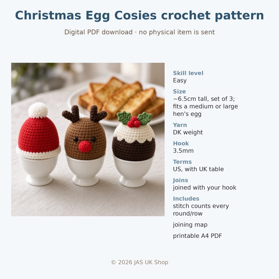 Crochet Christmas egg cosies: Santa, reindeer and Christmas pudding, photo 4