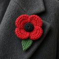 Knitted red Remembrance poppy brooch with green leaf