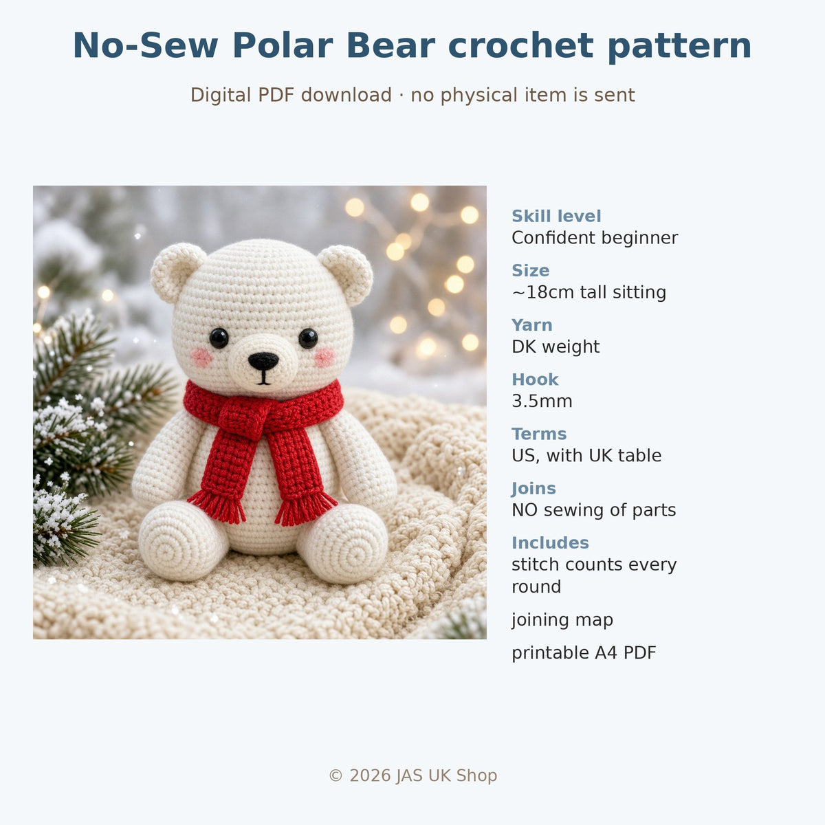 No Sew Polar Bear with Scarf, crochet pattern, photo 4