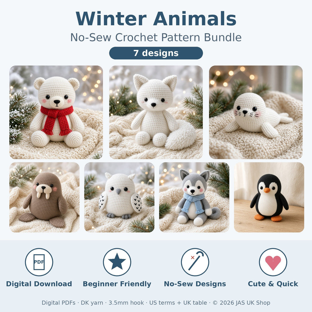 Winter Animals No Sew Crochet Pattern Bundle of 7