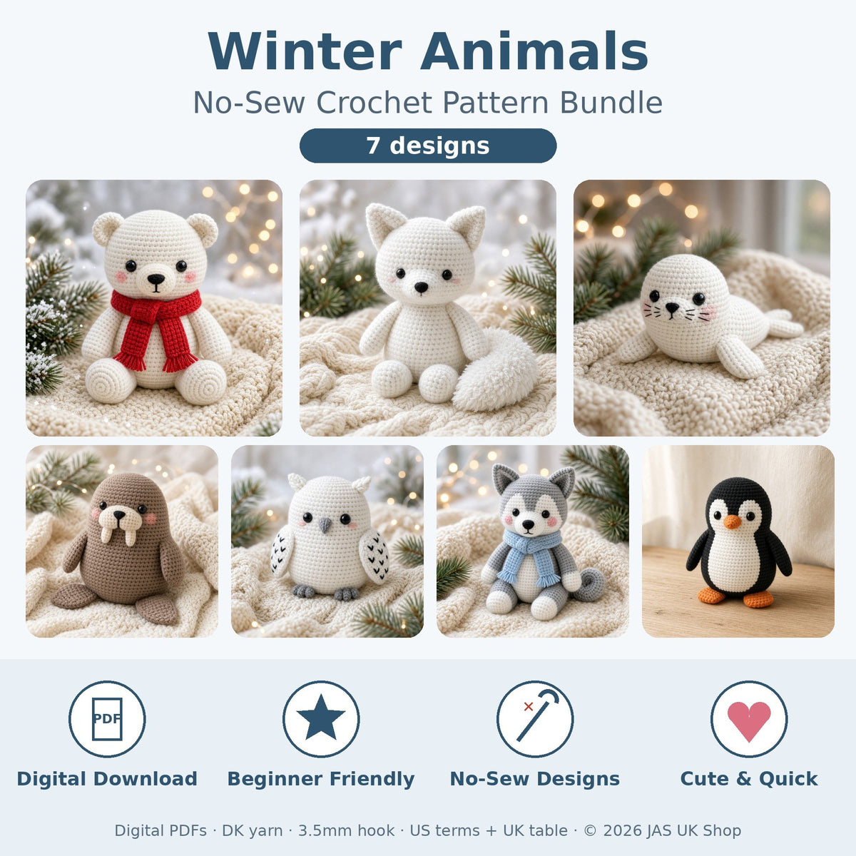 Winter Animals No Sew Crochet Pattern Bundle of 7