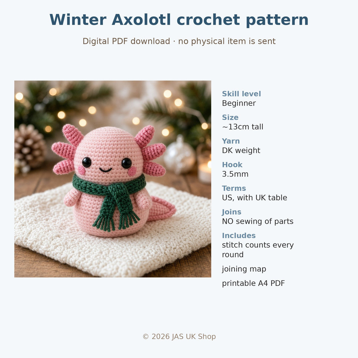 Winter Axolotl with Scarf, crochet pattern, photo 4