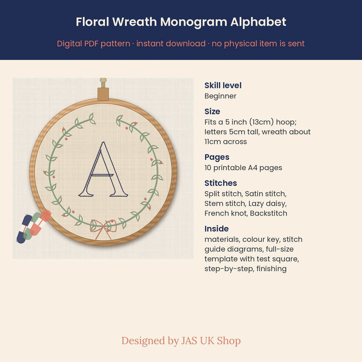 Floral Wreath Monogram Alphabet, embroidery pattern, photo 4