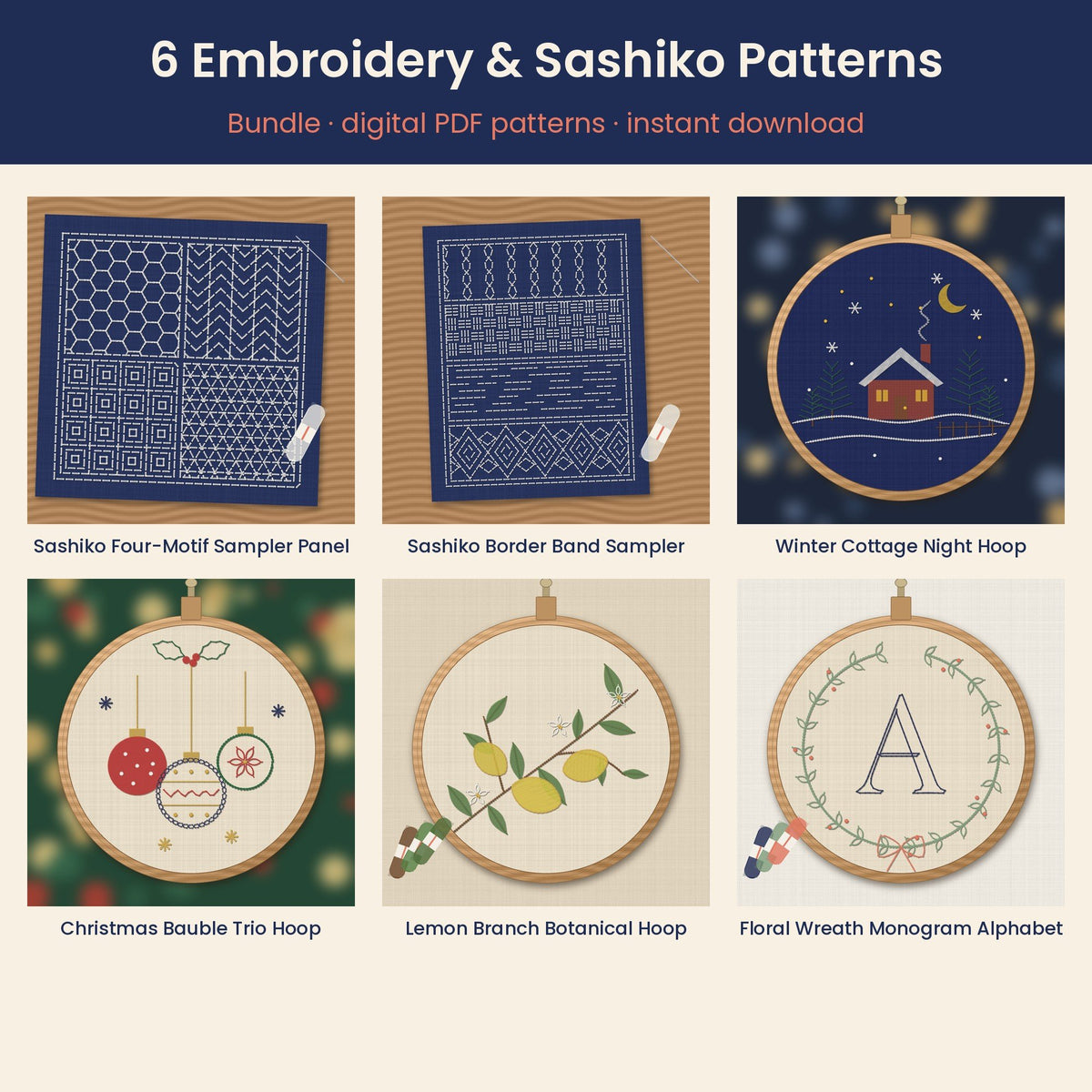 Embroidery and Sashiko Pattern Bundle of 6