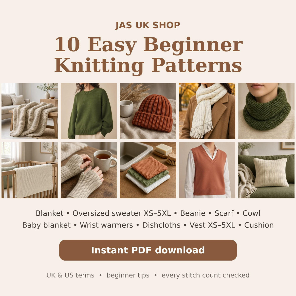10 Easy Knitting Patterns for Beginners Bundle
