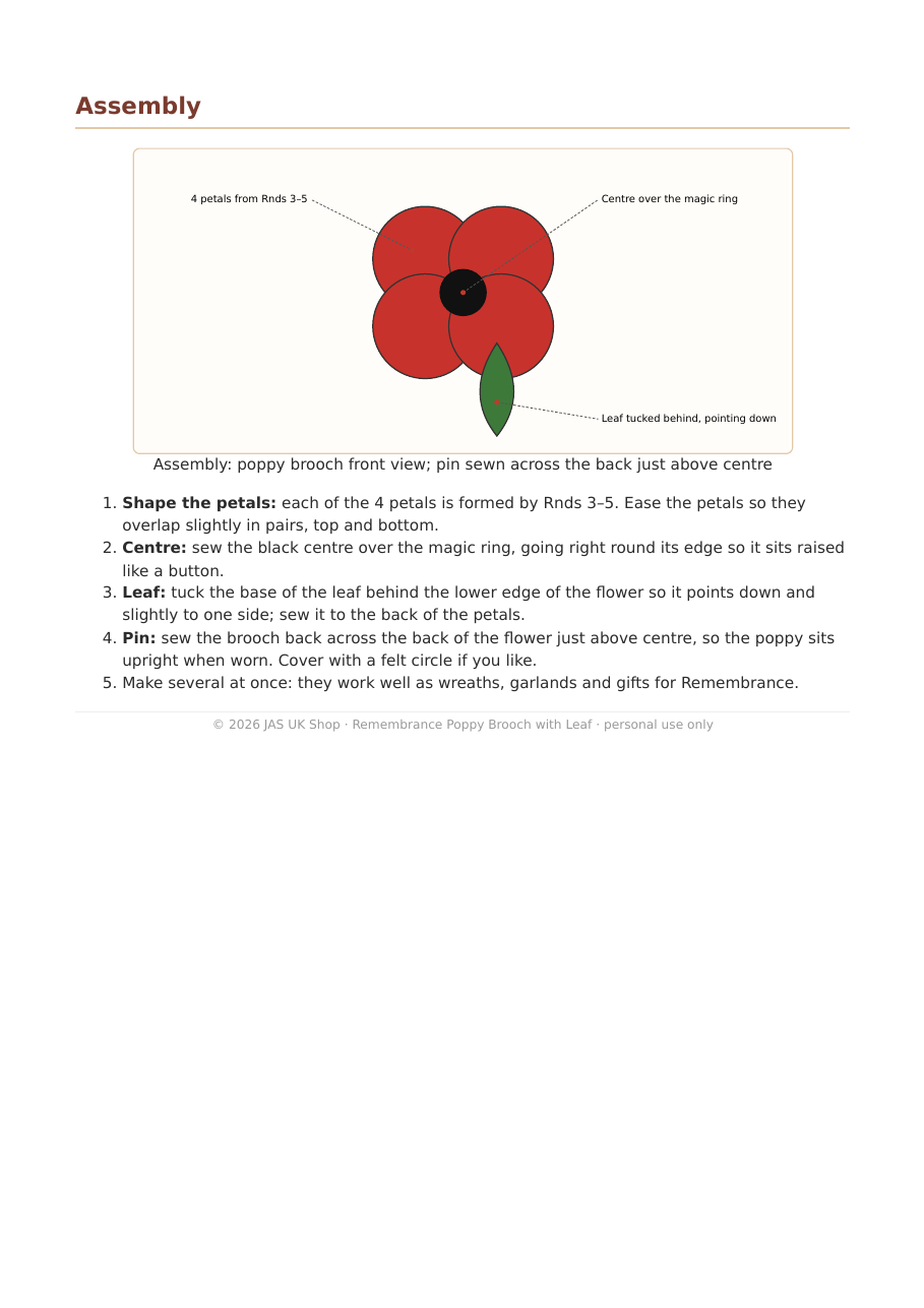 Knitted poppy brooch pattern details