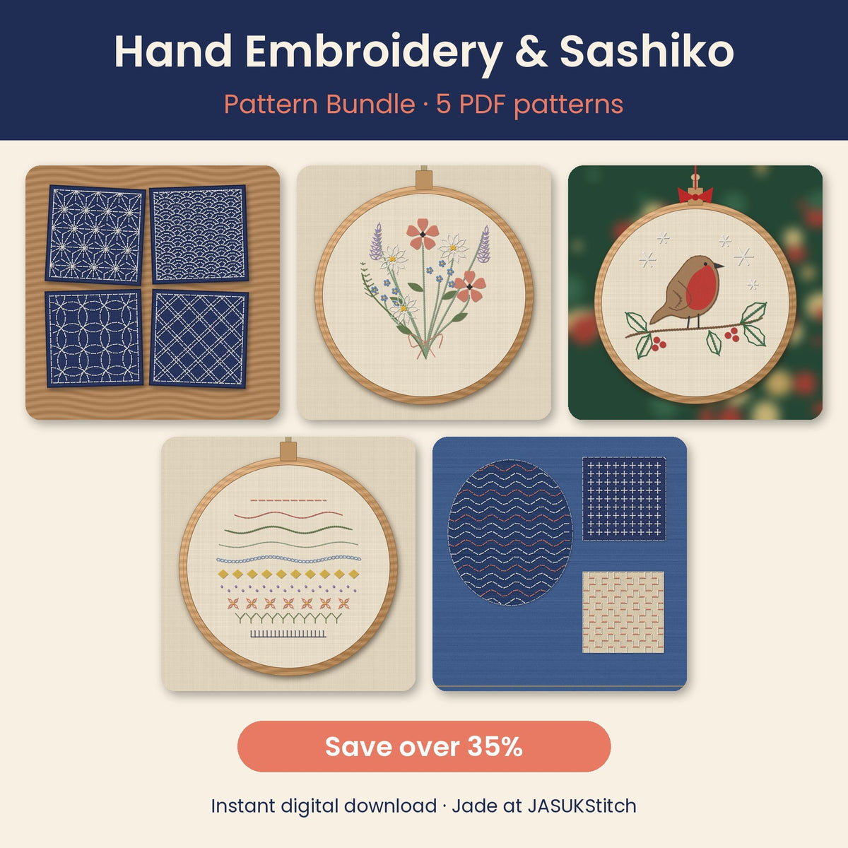 Embroidery and Sashiko Pattern Bundle of 5