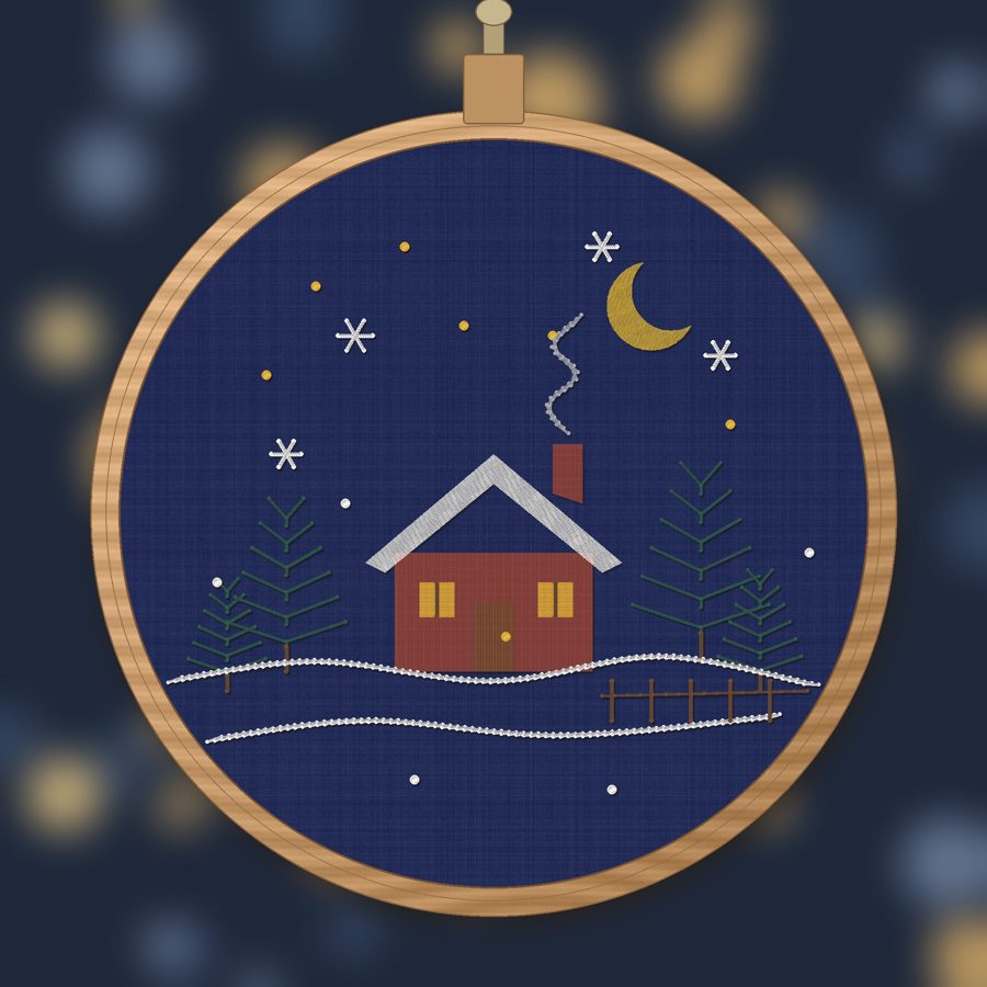Winter cottage at night hand embroidery hoop