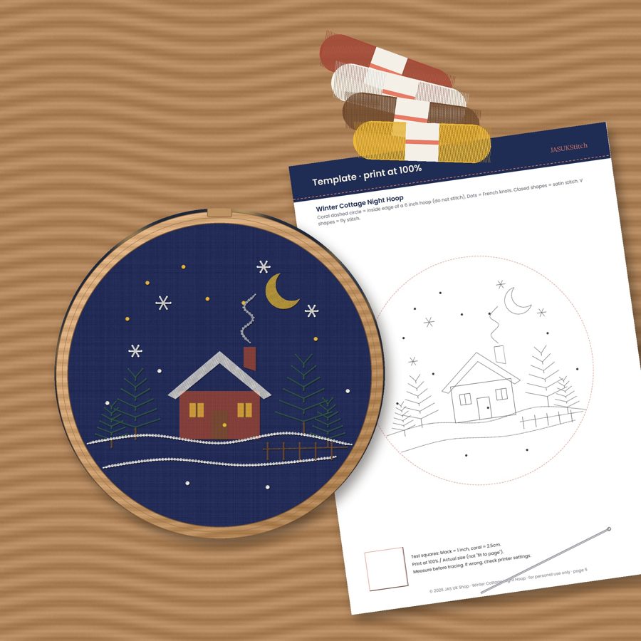 Winter cottage at night hand embroidery hoop, photo 2